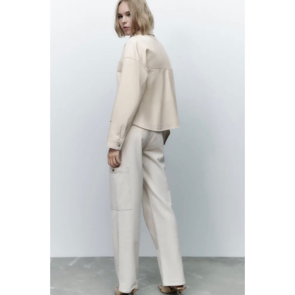 ZARA • Cream Cropped Frayed Hem Denim Jacket, XS - Picture 5 of 16